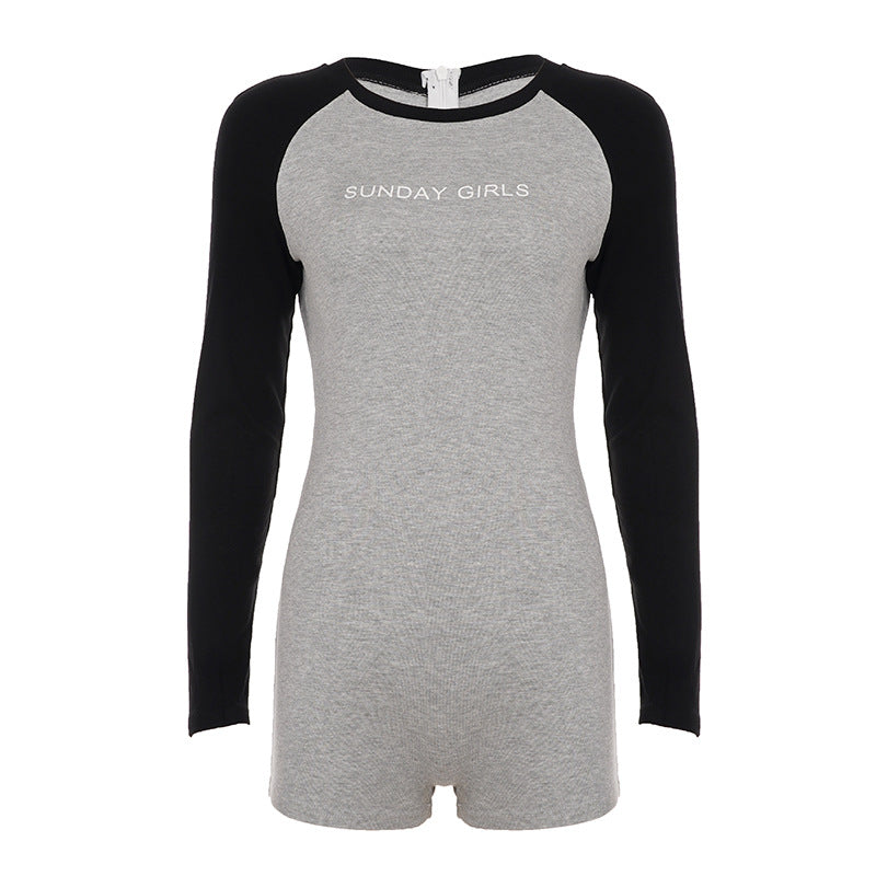 Casual Contrast Color Raglan Sleeve Sports Jumpsuit Long Sleeve Tight Street Workout Sexy Sexy Sheath Shorts