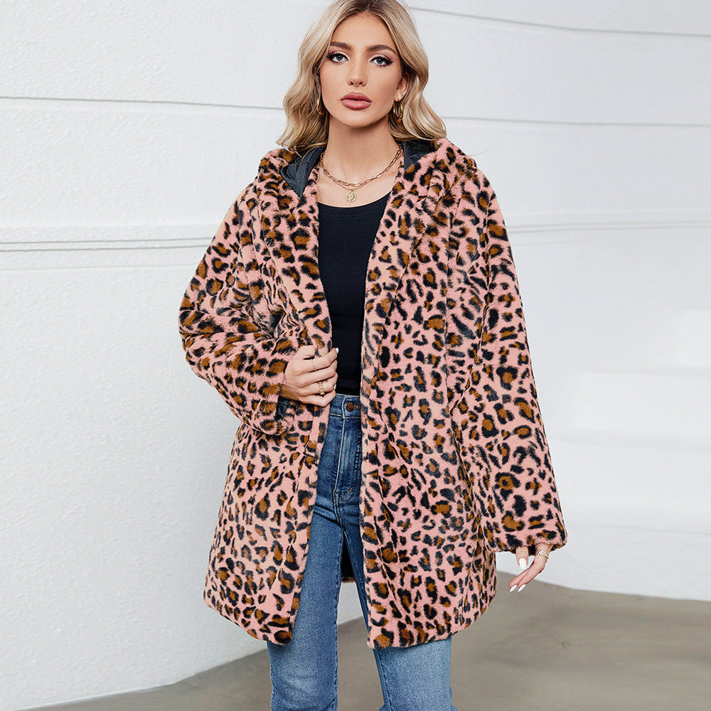 Leopard Print Faux Fur Faux Fur Hooded Autumn Winter Loose Women Clothing Coat Overcoat