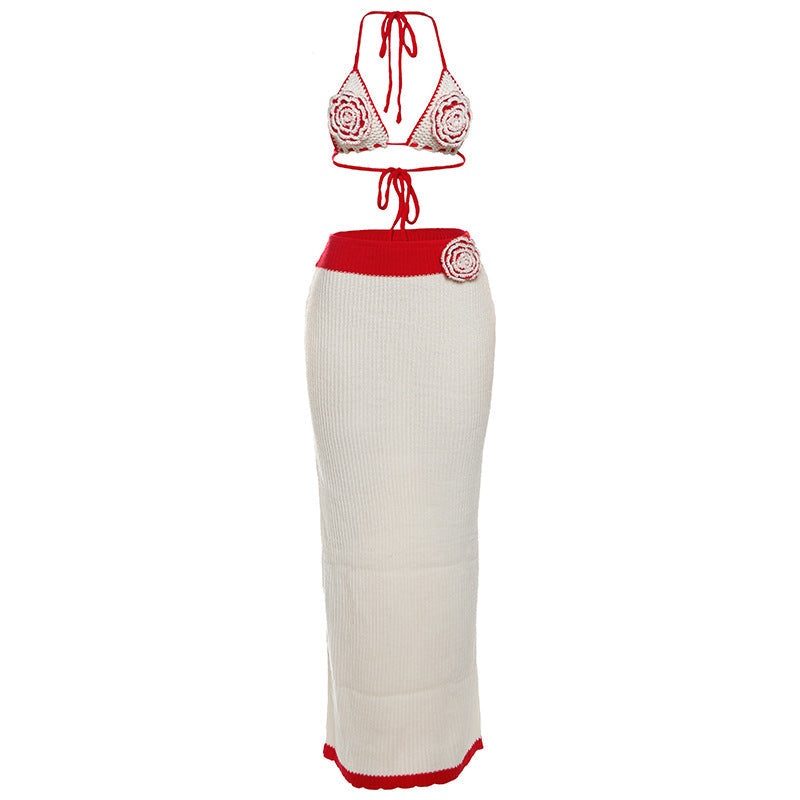 Women Clothing Autumn Sexy Knitted Crochet Halter Small Sling Contrast Color Slim Fit Skirt Two Piece Sets