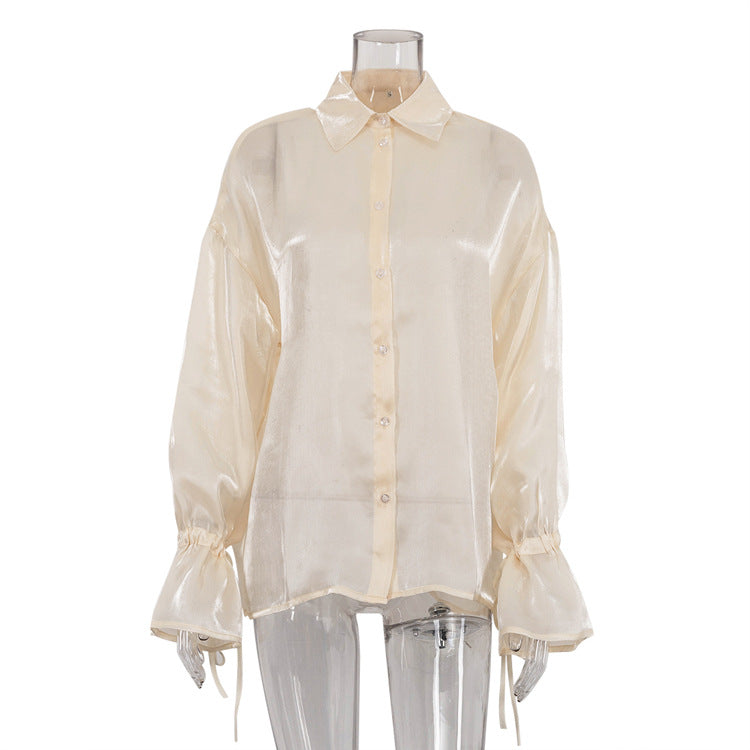 Streamer Yarn Beige Shirt Women Loose Sun Protection Coat Outerwear Long Sleeved Tops Light Cardigan Shirt