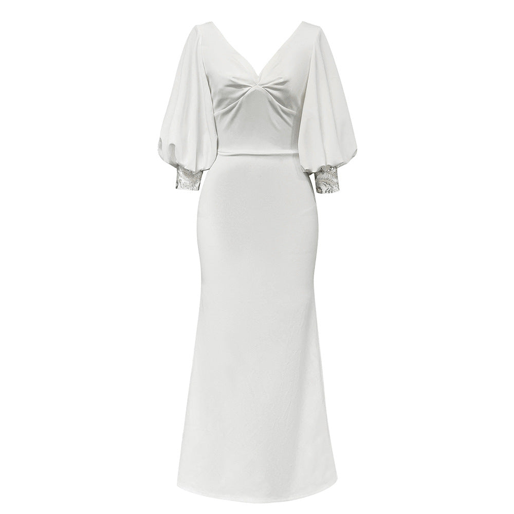 Dress Summer Simple White V Collar Short Puff Sleeve Slim Fit Cocktail Dress