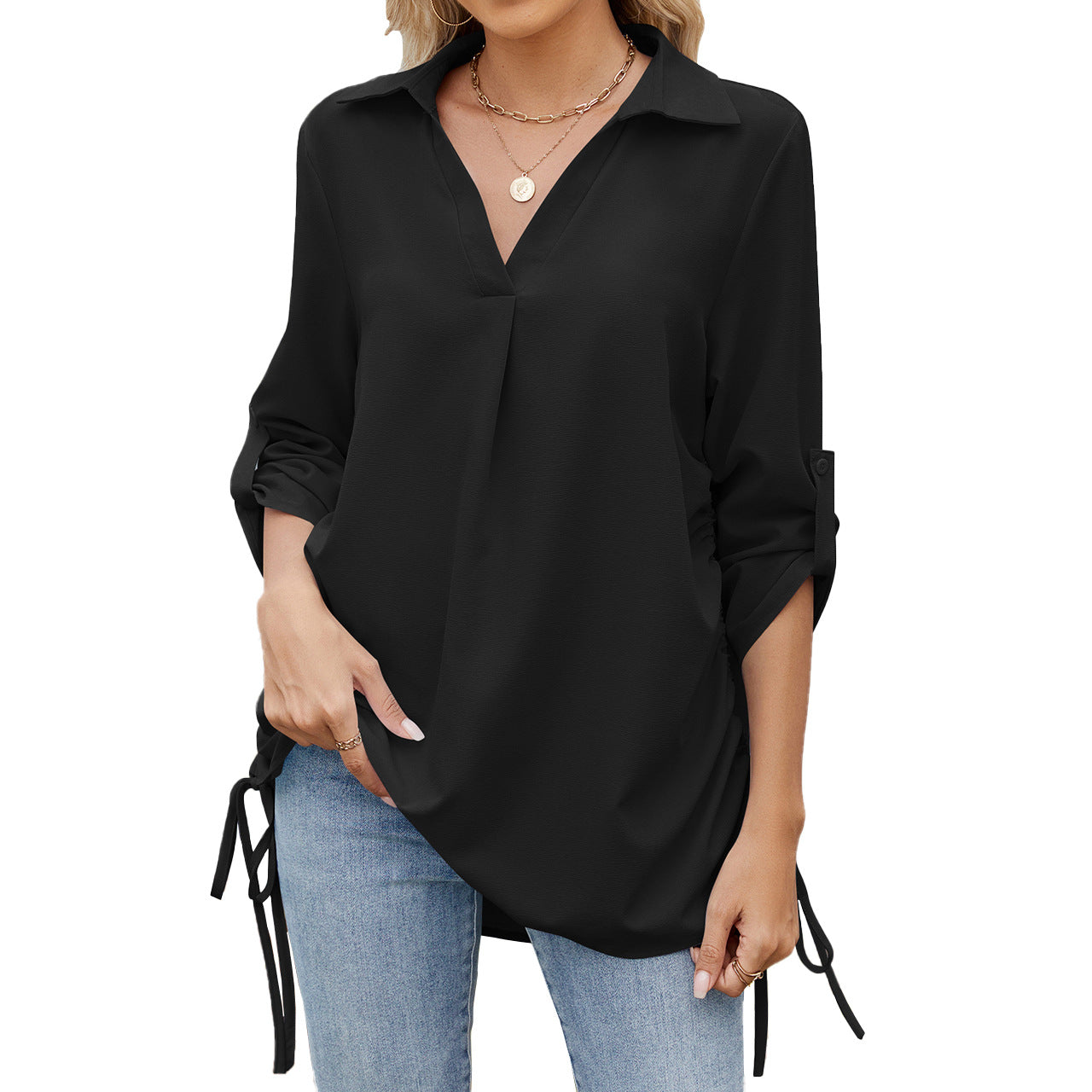 Spring Summer Solid Color Polo Collar Loose Half Sleeve Shirt Chiffon Blouses Women
