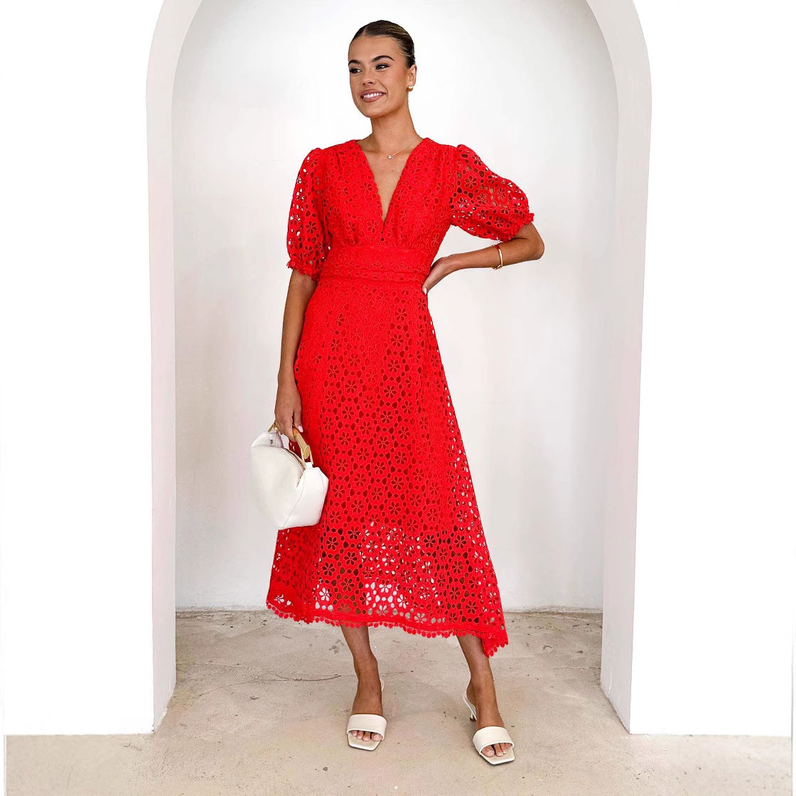 Dress skirt V-neck sexy waist solid color lace hollow dress dress
