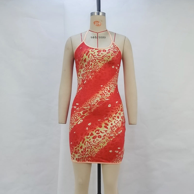 Women Clothing Autumn Sexy Lacing Halter Leopard Print Sheath Dress