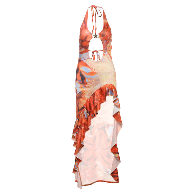 Spring Summer Women Clothing Sexy Halter Backless Contrast Color Ruffled Dress Women