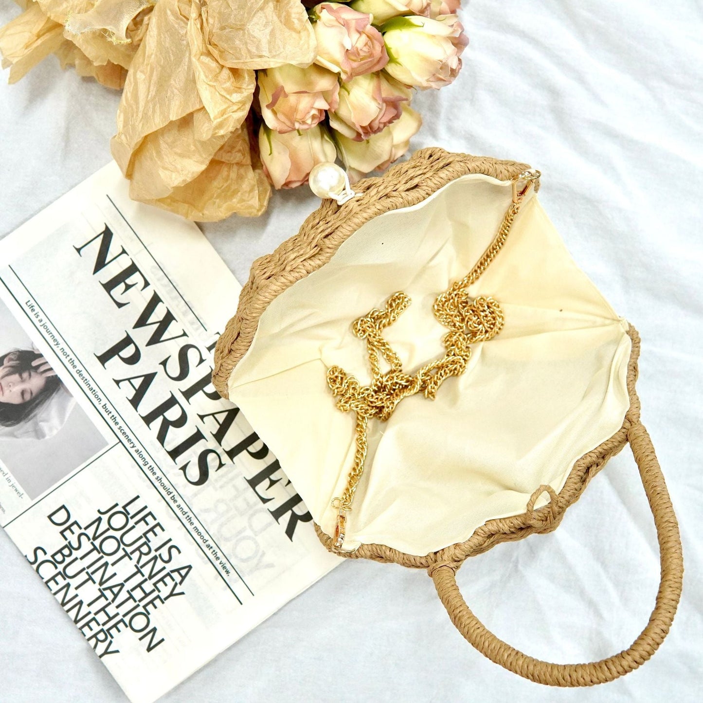 Round Straw Beach Bag - Handwoven Round Tote, Two-Way Handheld Shoulder Purse, Paper Rope Casual Bag