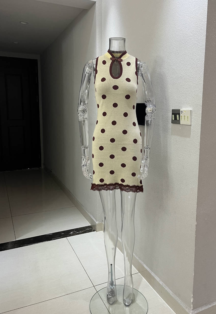 Summer Mid Polka Dot Contrast Color Lace Stitching Dress Stand Collar Sleeveless Sexy Casual Shaped Short Dress Women