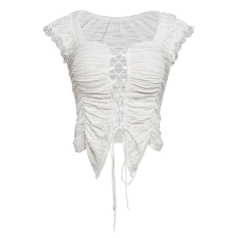 Spring Women Personalized Solid Color Sexy Cutout Lace up Irregular Asymmetric Hem Short Sleeve T shirt