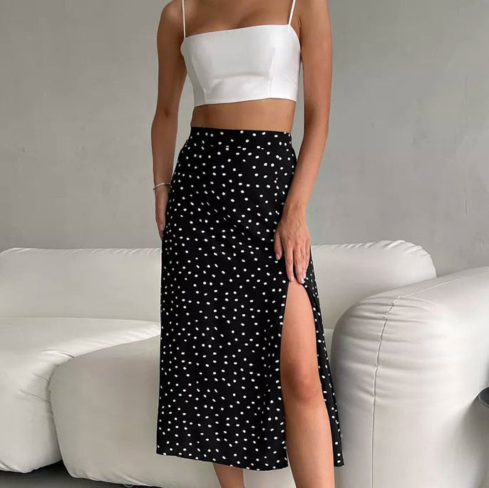 French Autumn Winter Dot Sexy Split Skirt Women Midi Skirt