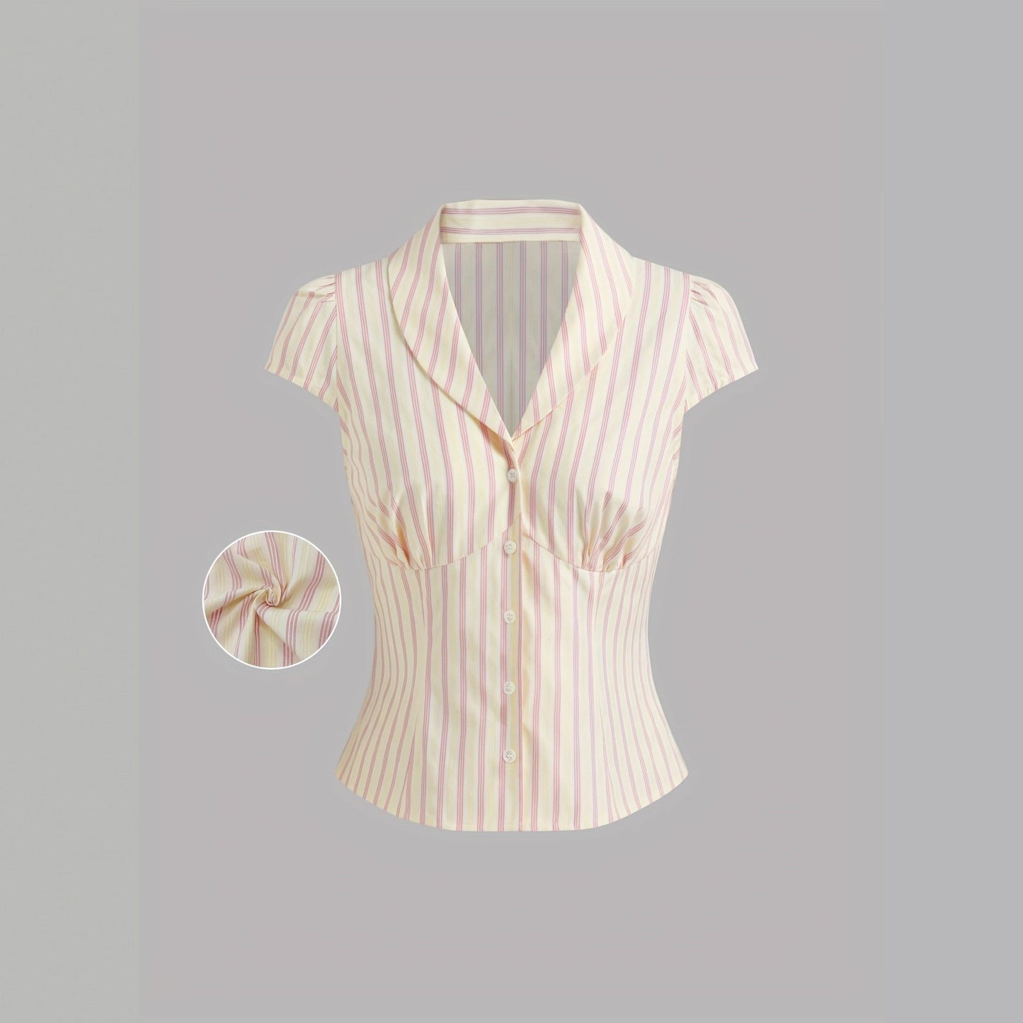Casual Pleated Tops French Women Striped Button Small Short Sleeve Shirt