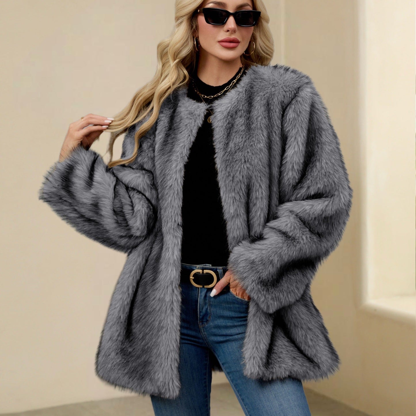 Autumn Winter Faux Fur Coat Women Loose Warm Plush Cardigan Artificial Wool Coat Overcoat
