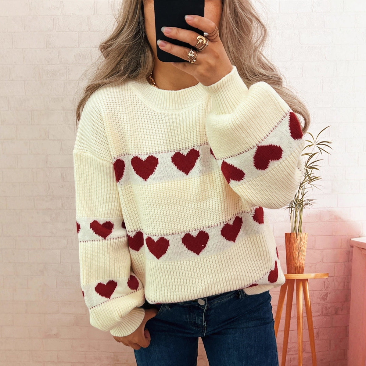 Autumn Winter Contrast Color Heart Knitted Top Crew Neck Casual Loose Warm Office Sweater for Women