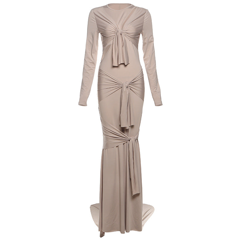 Summer Sexy Slim Hollow Out Cutout Long Sleeve Solid Color Elegant Dress Maxi Dress