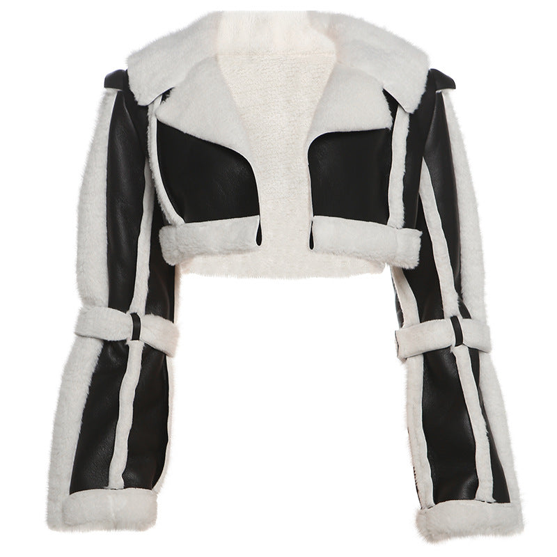 Women Clothing Street Faux Leather Stitching Short Fur Collar Cropped Coat