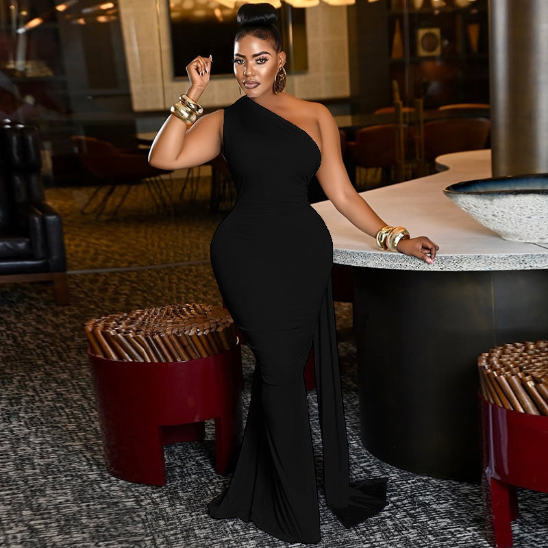 Women Clothing Tied Slim Fit Design Slimming Hip Pleated Diagonal Collar Shoulder Solid Color Length Dress