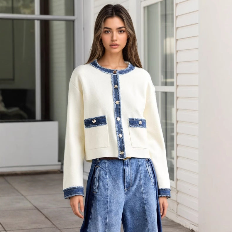 French Elegant Autumn Furry Denim Color Contrasting Stripe O neck Short Coat
