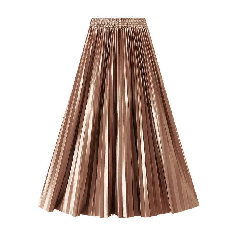 Slimming Spring Glossy Glossy High Waist Pleated A line Slimming Long Skirt Women Skirt