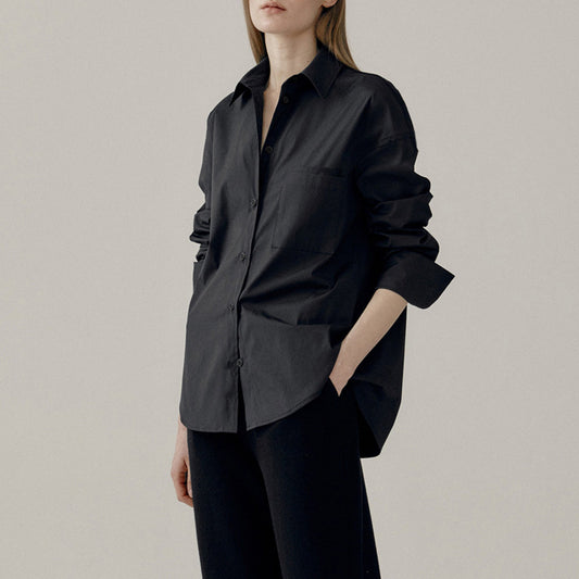 Basic Double Pocket Cotton Shirt Women Autumn Solid Color Polo Collar Top Single Breasted Long Sleeve Cardigan