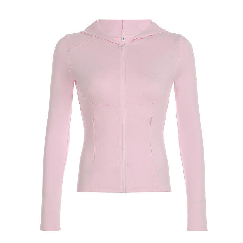 Solid Color Sports Fitness Running Top Yoga Slim Fit Fall Winter Outer Wear Hooded Zipper T shirt for Women