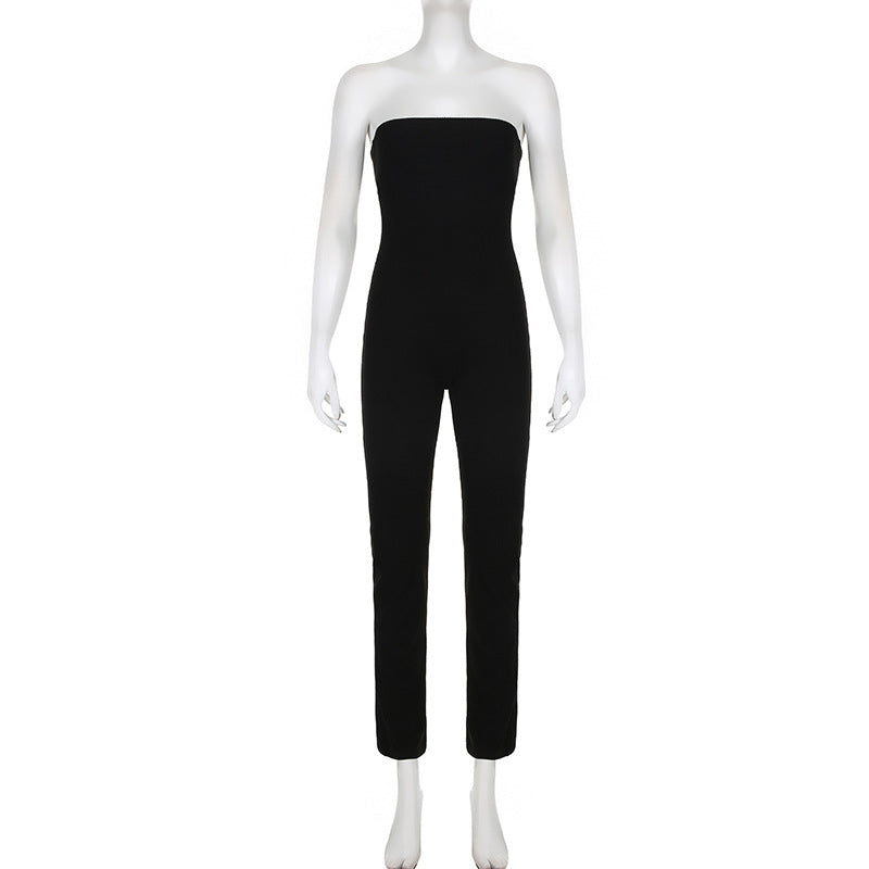Women Clothing Basic Solid Color Slim Fit Tube Top off Neck Waist Tight Sports Casual Yoga One Piece Trousers