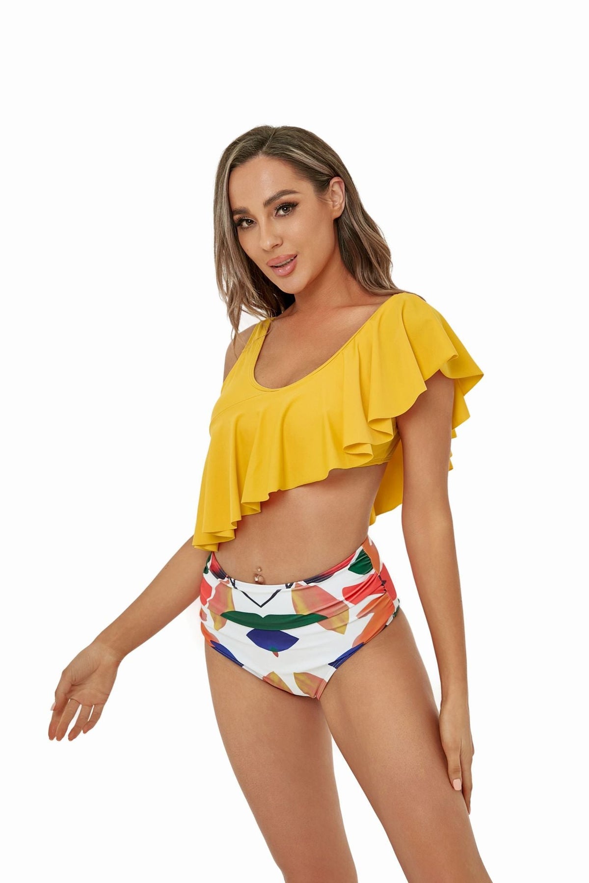 One Shoulder Bikini High Waist Print Triangle Split Swimsuit Ruffle Swimwear Women Bikini