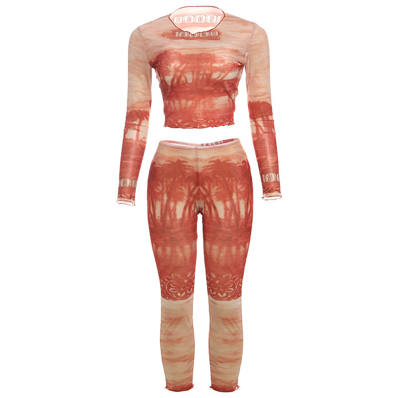 Spring Summer Women Sexy Cropped Long Sleeve Top High Waist Tight Trousers Two Pice Sets Women