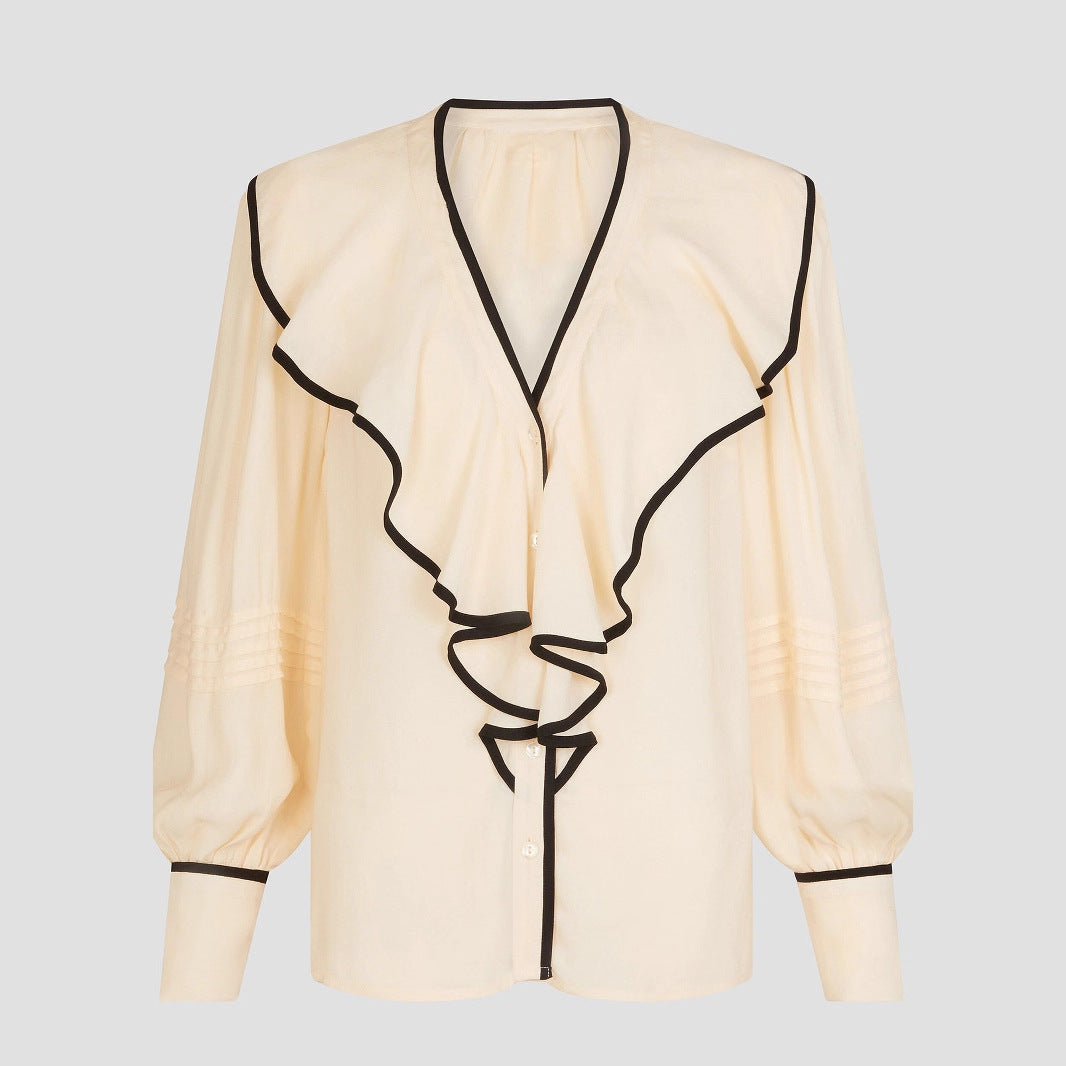 Autumn V neck Women Shirt Retro Loose Contrast Color Pleated Ruffle Top