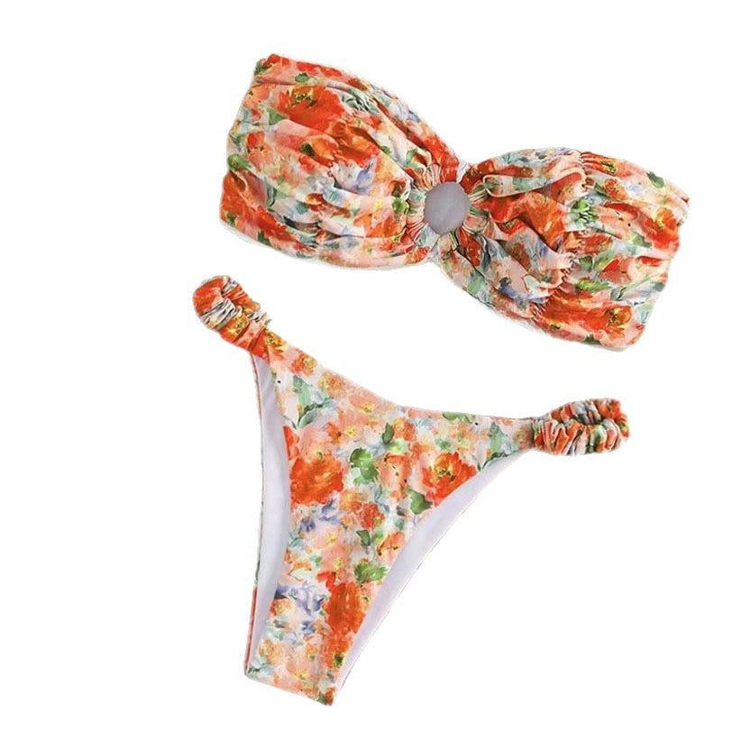 Tube Top Bikini Swimsuit Female Sexy Floral Hot Spring Resort Split Swimsuit
