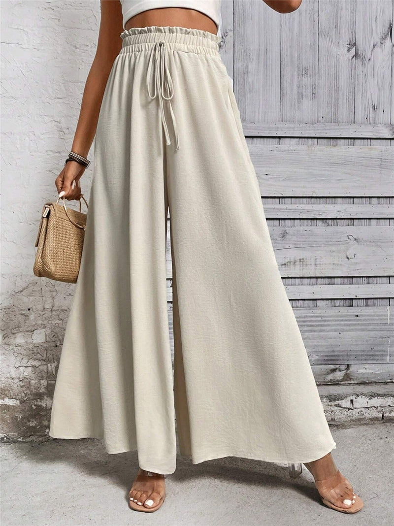 Spring Summer Loose Casual Women Clothing Elastic High Waist Lace up Wide Leg Trousers