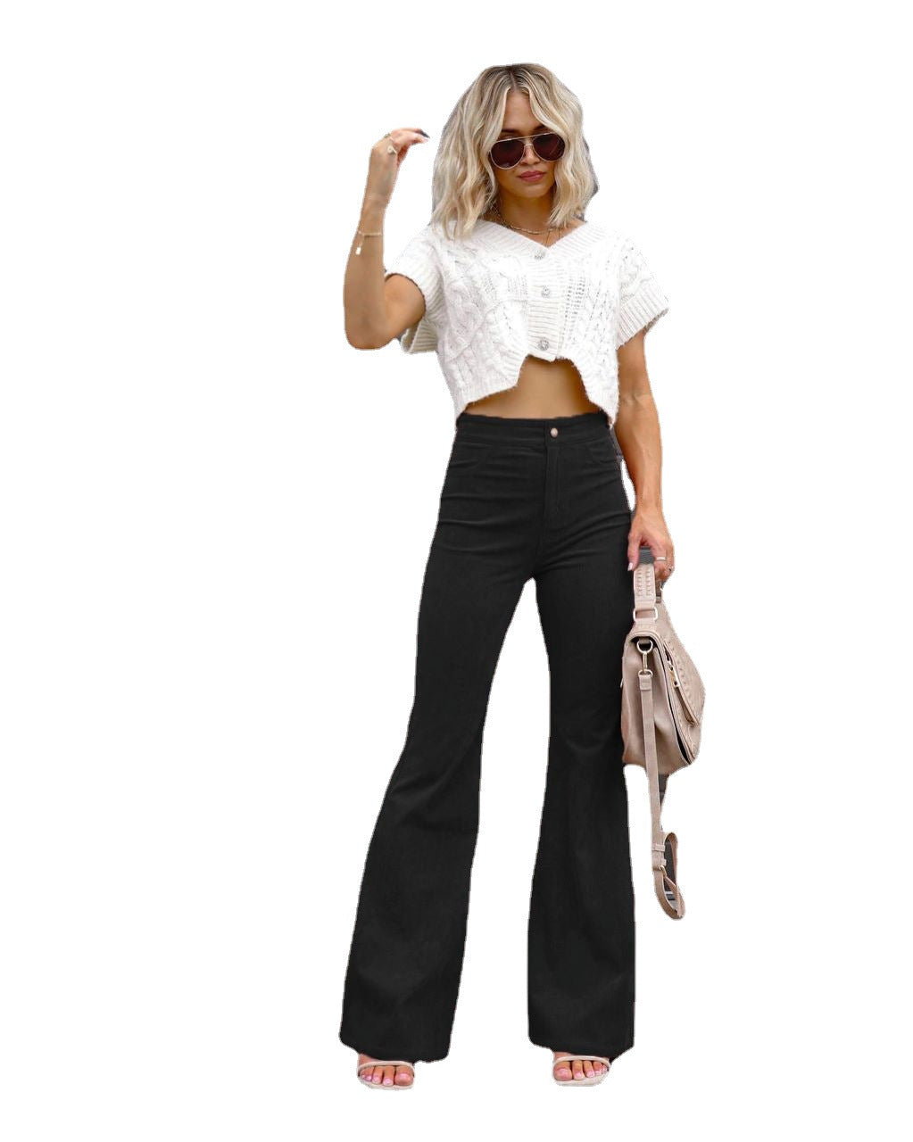 Autumn Solid Color Corduroy Elegant Women Trousers Bootcut Trousers High Waist Casual Pants