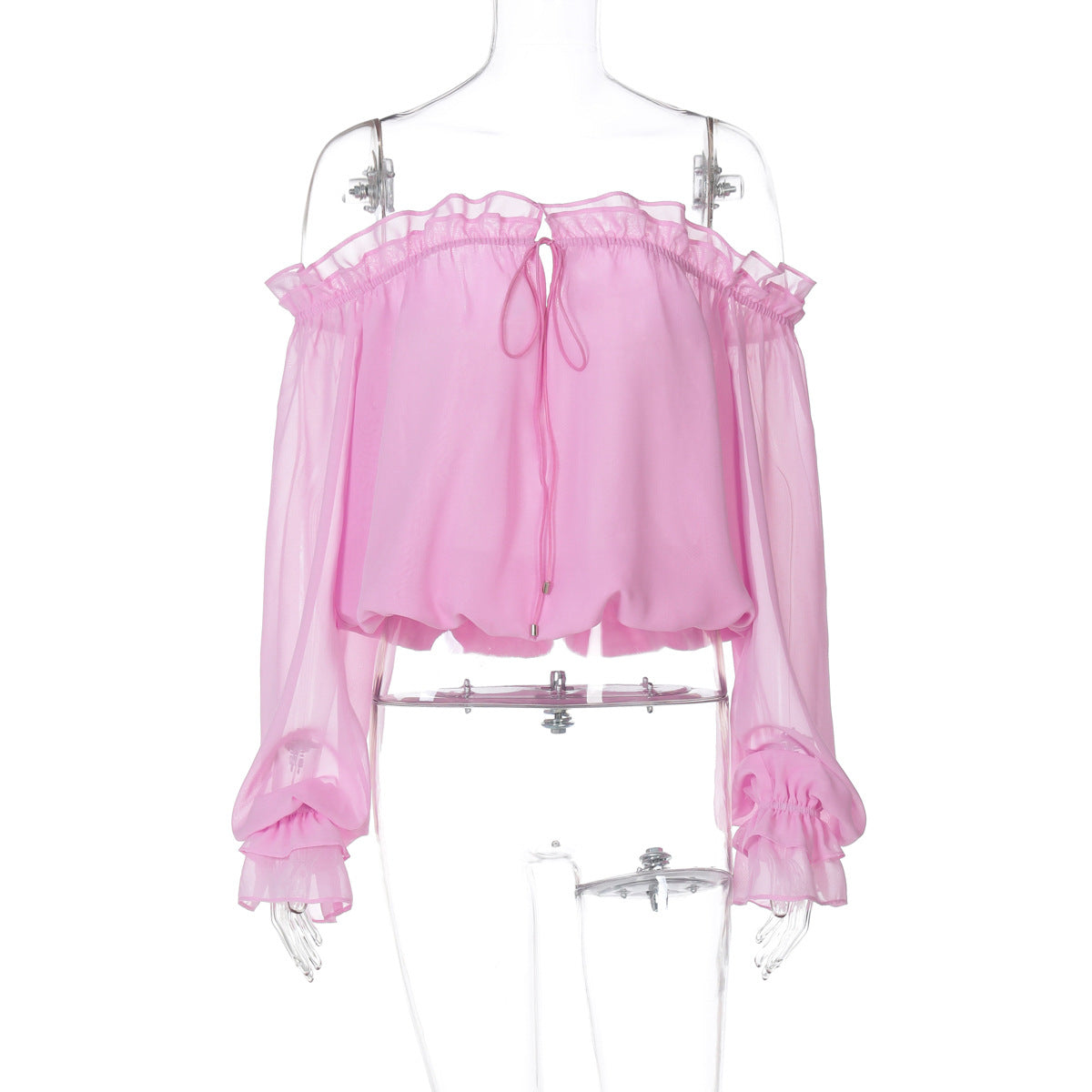 Women Clothing Summer Sexy V neck Strap off the Shoulder Bell Sleeve Chiffon Shirt Top