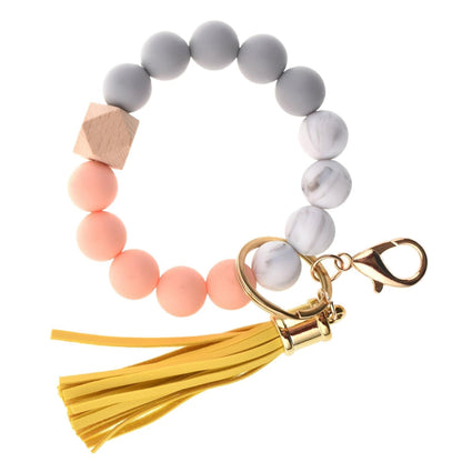 PU Tassel Keychain Bag charm Silicone Beaded Keychain Wristlet Key Ring Bracelet Cute Car Key Chain Holder for Women Girls