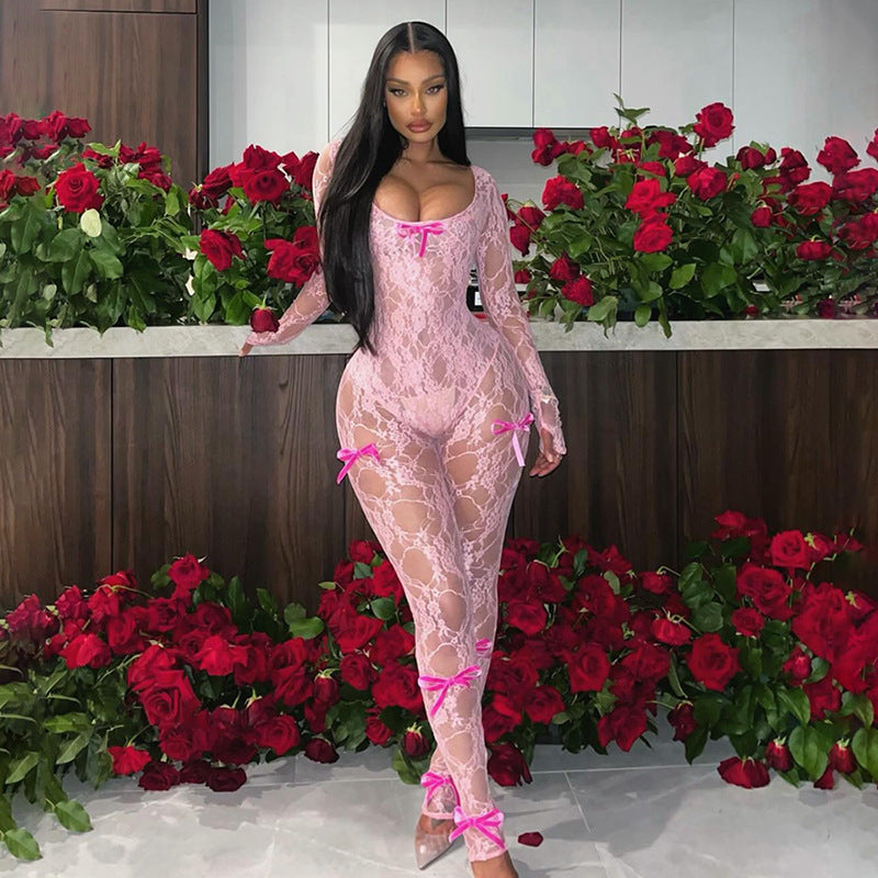 Spring Sexy See through Hollow Out Cutout High Waist Jacquard Tight Long Sleeve Lace Jumpsuit Women