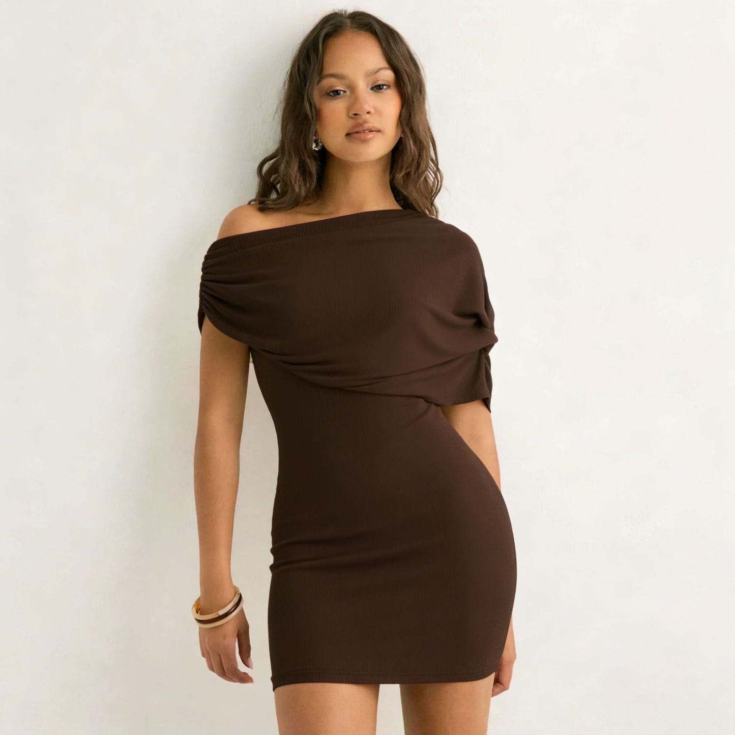 Spring Women Clothing Solid Color Asymmetric Slim Fit Oblique Shoulder Dress Short Dress
