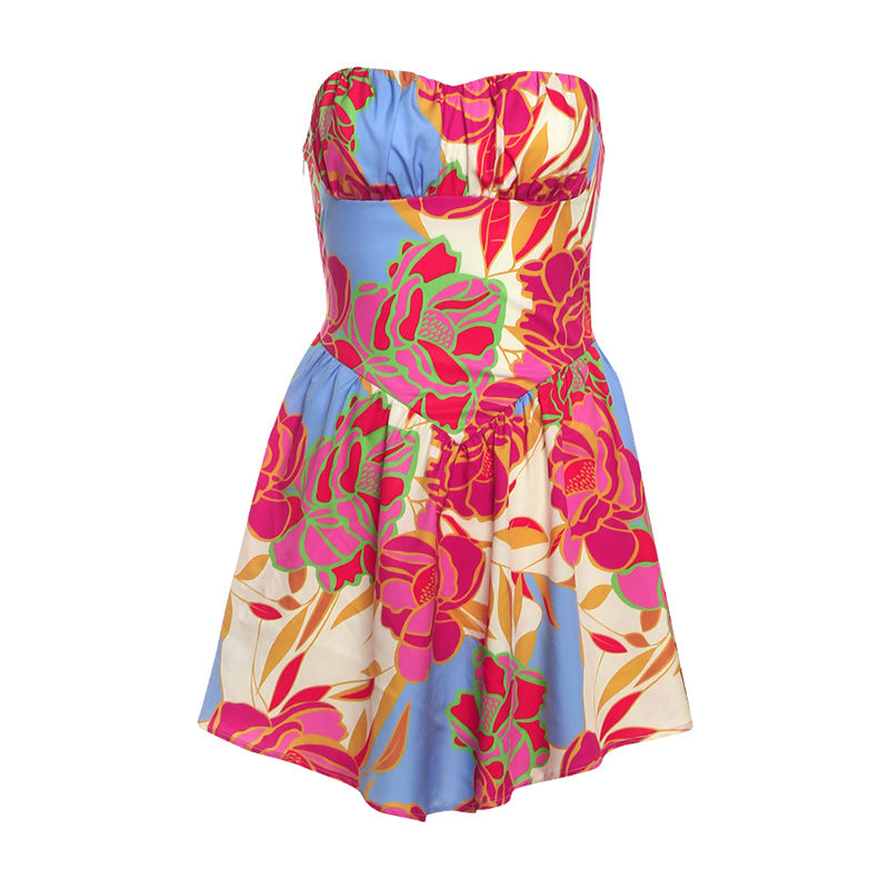 Summer Women Sexy Tube Top Cinched Waist Backless Printing Dress