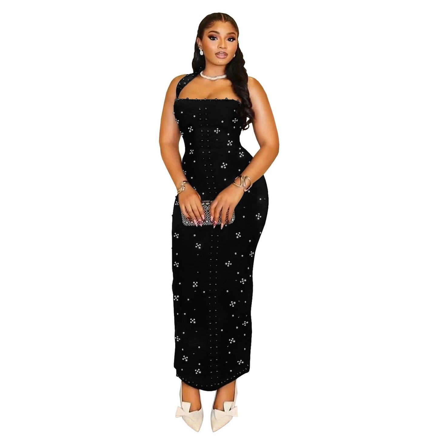 Women Wear Halter Rhinestone Foam Beads Slim Fit Sheath Dress