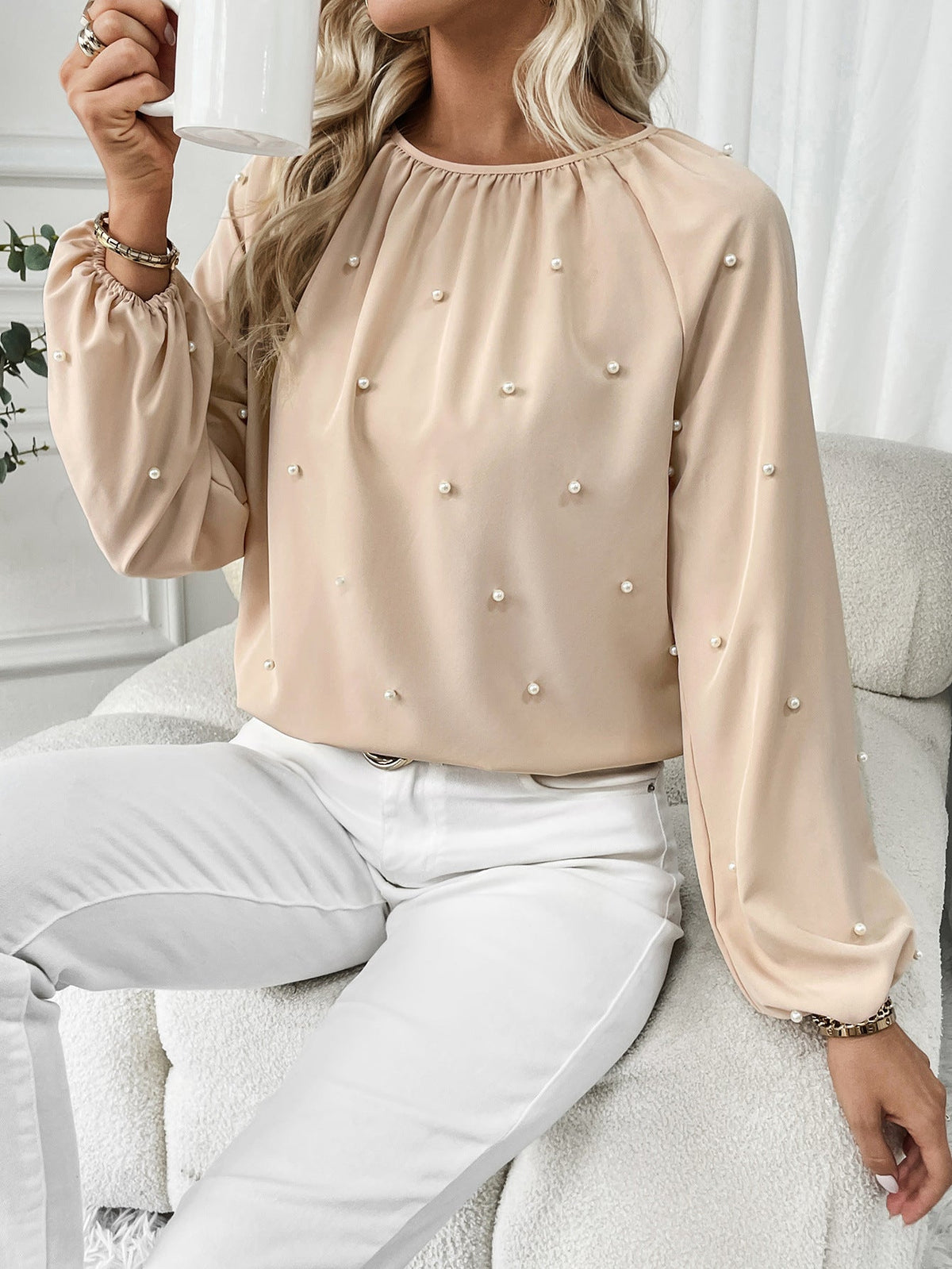 Women Clothing Best Seller Spring Autumn round Neck Beaded Lantern Sleeve Shirt
