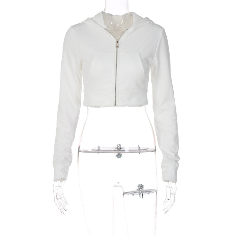 Women Clothing Winter Cardigan Zipper Hooded Slim Fit Cropped Long Sleeves Top