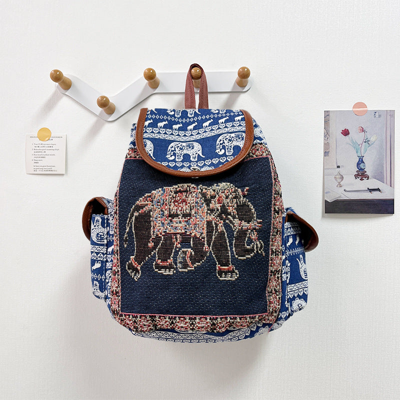 Retro Ethnic Drawstring Backpack – Elephant Embroidery Flap Closure, Bohemian Travel Daypack
