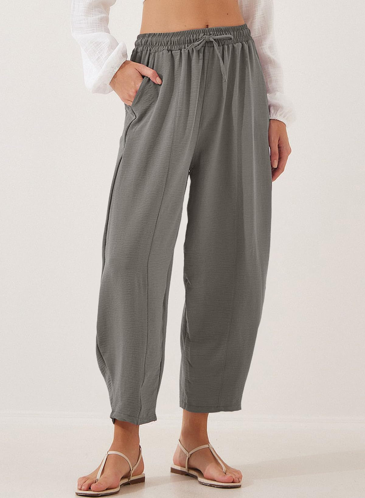 Women Clothing Spring Summer High Waist Loose Vacation Casual Drawstring Pocket Cropped Pants
