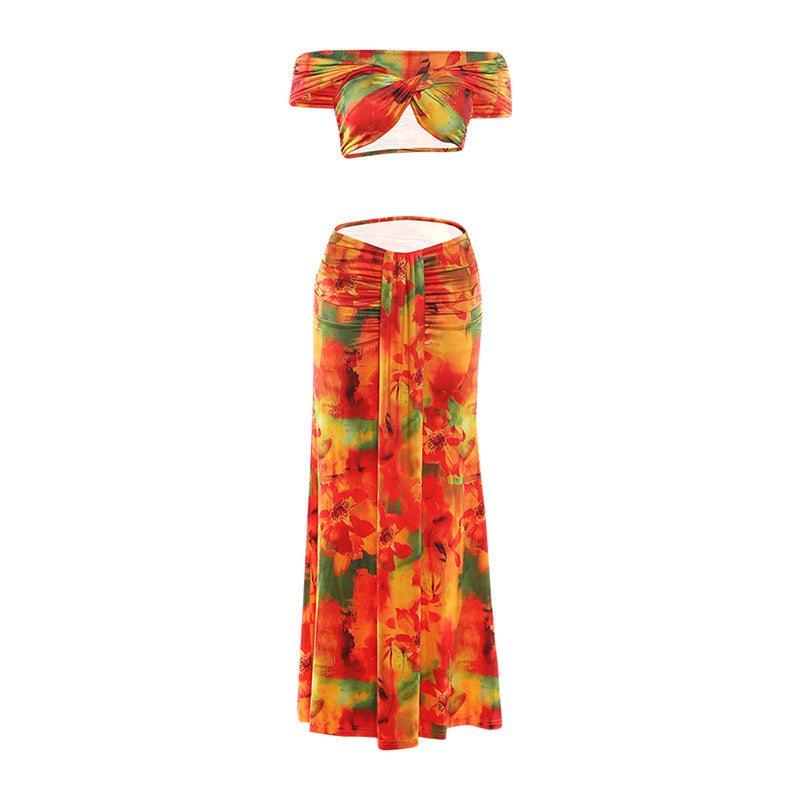 Women Spring Clothing Pattern Print Sexy Drop Shoulder Hollow Out Cutout Low Waist Cropped Skirt Set