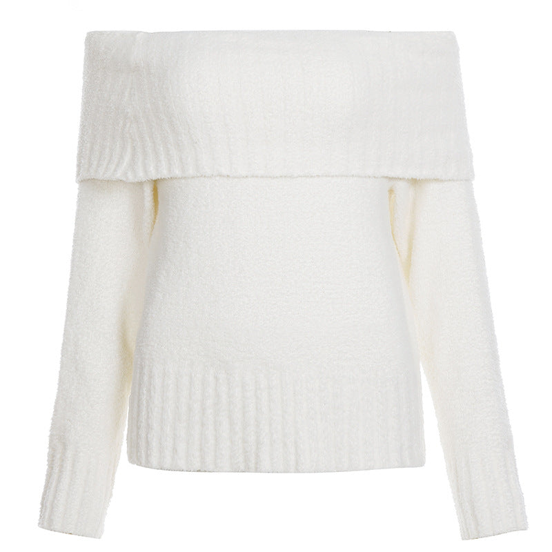 Office off Shoulder off Neck Sweater T shirt Solid Color Loose Long Sleeve Woolen Top