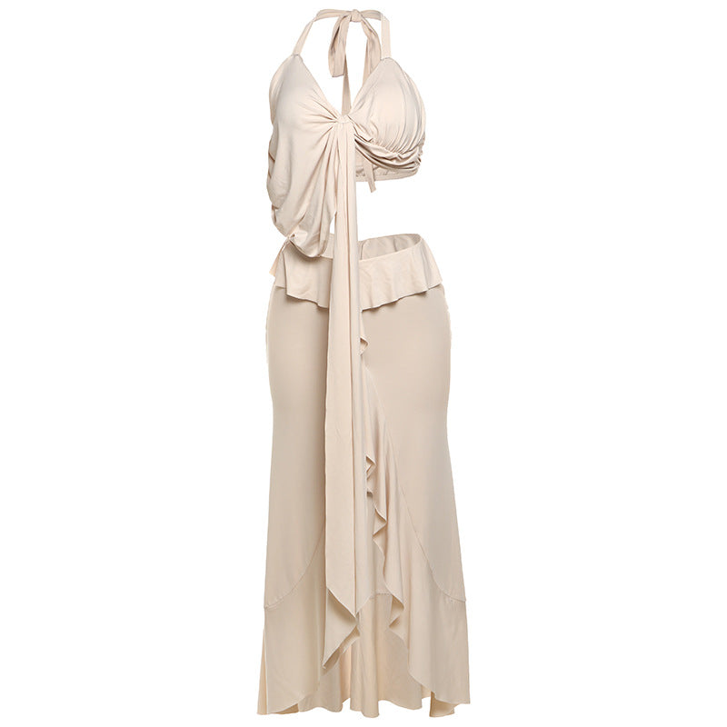 Summer Women Sexy Solid Color Halter Strap Vest Slim Fit Slit Skirt Set Women