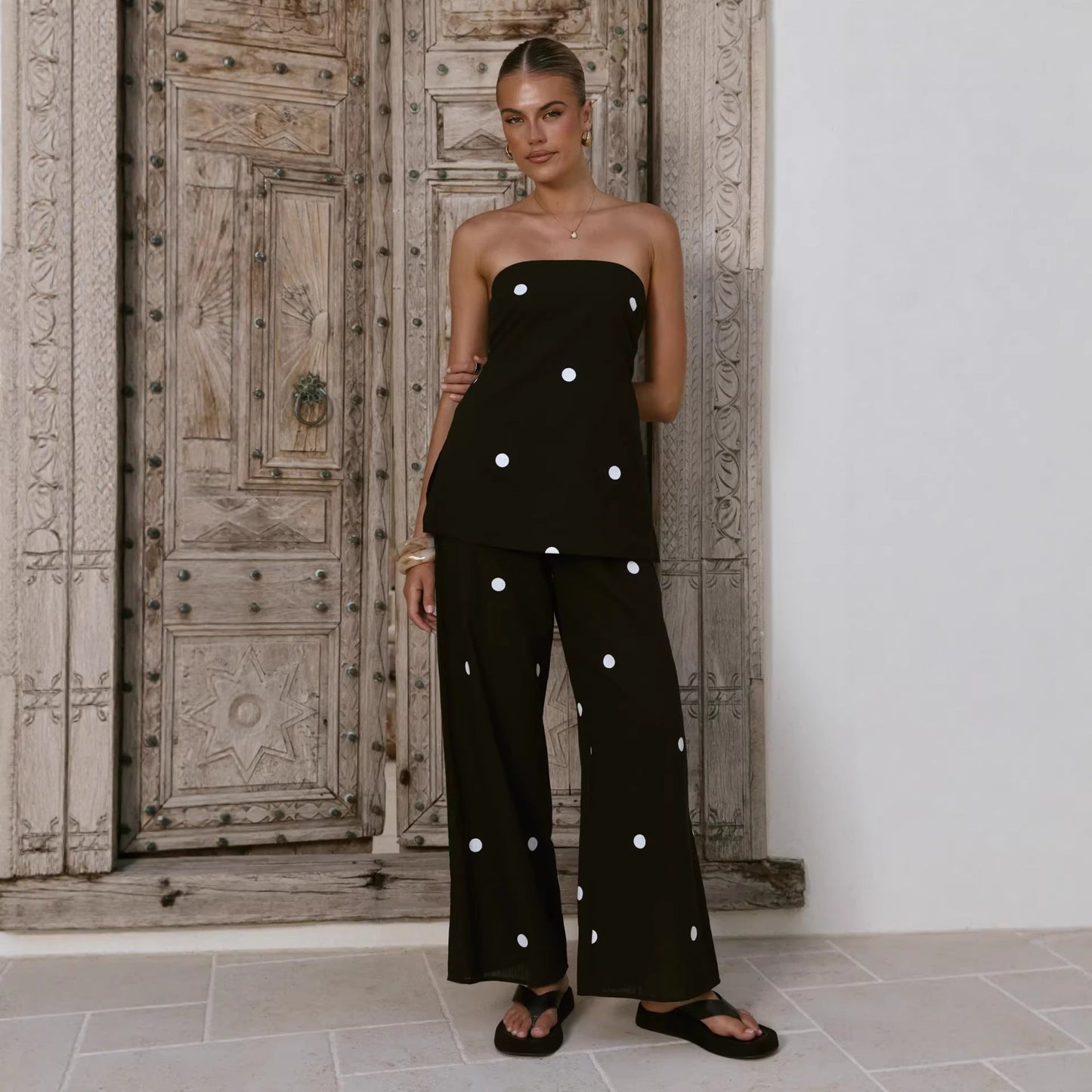 Polka Dot Print Sexy Tube Top Wide Leg Long Pants Casual Set for Women