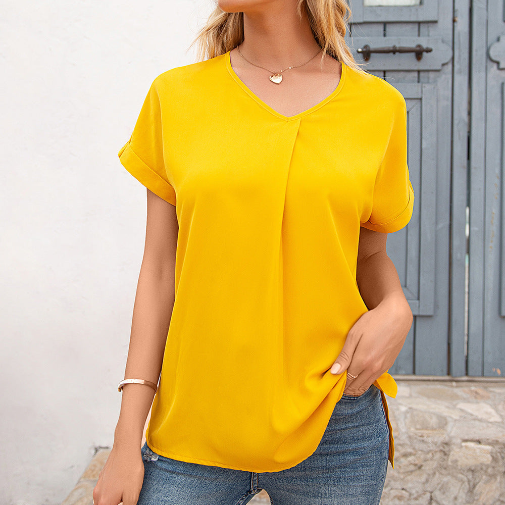 Spring Summer Women Clothing Short Sleeve Casual V neck Shirt Pleated Shirt for Women