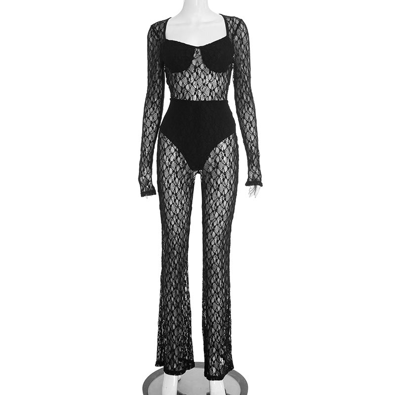 Women Clothing Autumn Arrival Solid Color Sexy Mesh Lace See through Horn Long Conjoined Trousers