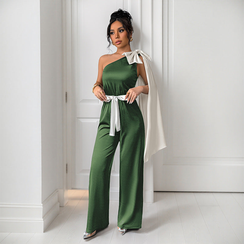 Summer Contrast Color Bow Decorative Ribbon Oblique Shoulder Sleeveless Straight Jumpsuit Women