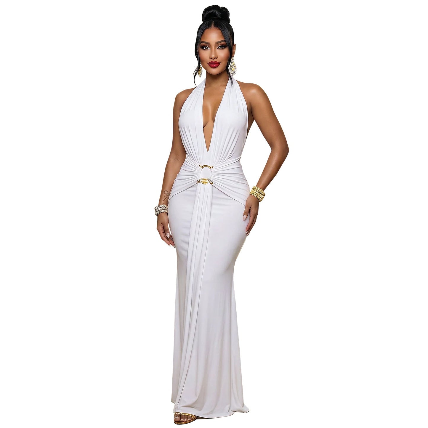 Women Halter Deep V Plunge Pleated Fishtail Evening Dress Slim Fit Cocktail Party Dress