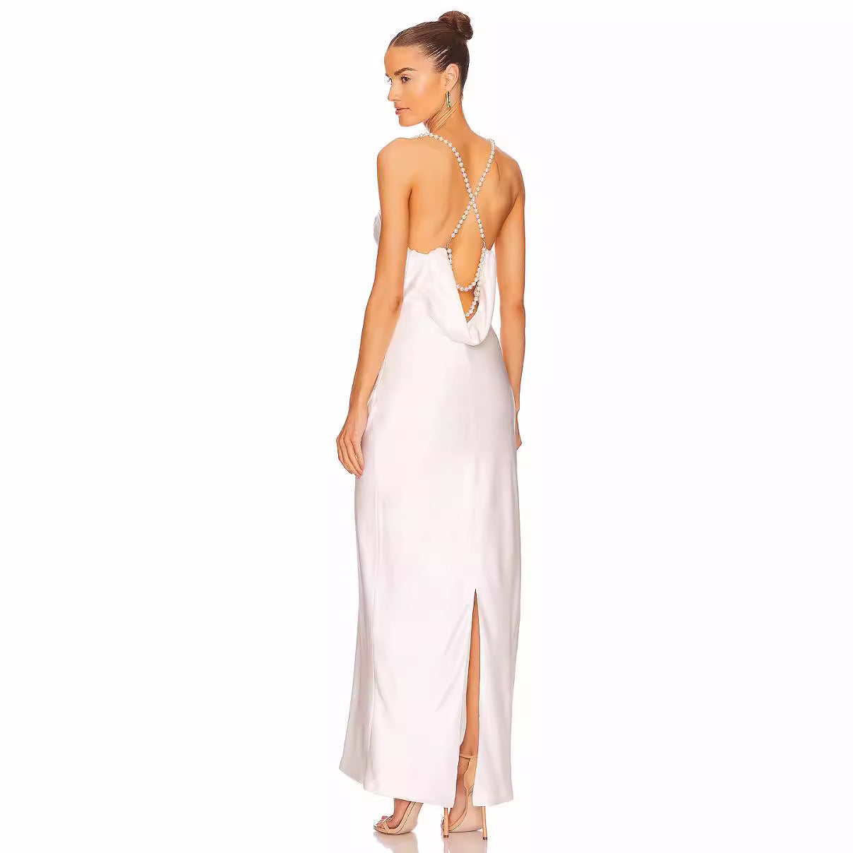French White Bead Necklace Evening Dress Silk Satin Texture Women Sexy Backless Elegant Party Dress
