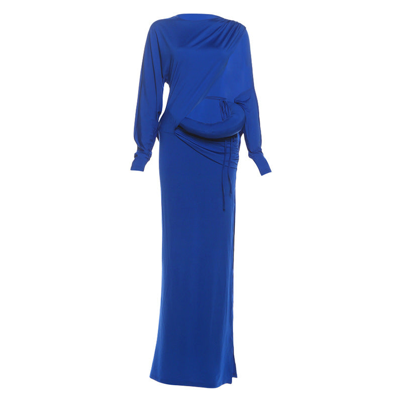 Autumn Winter Women Clothing Solid Color Sexy Cutout round Neck Tied Long Sleeve Dress
